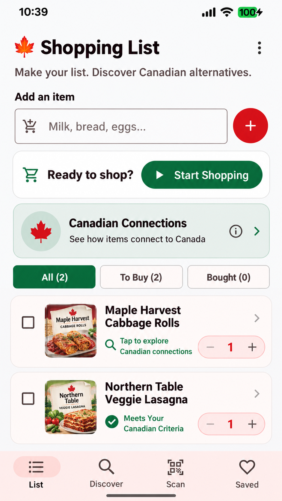 The Buy Canadian App home screen